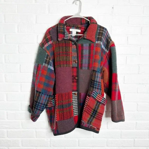 🚫🚫🚫🚫🚫Vintage Patchwork Shacket Jacket Wool Blend Plaid The Limited - Picture 1 of 5